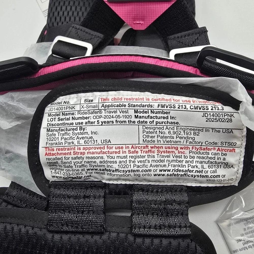 RideSafer Travel Vest XS Pink Portable Car Seat 26.5-40 lb Lightweight Compact